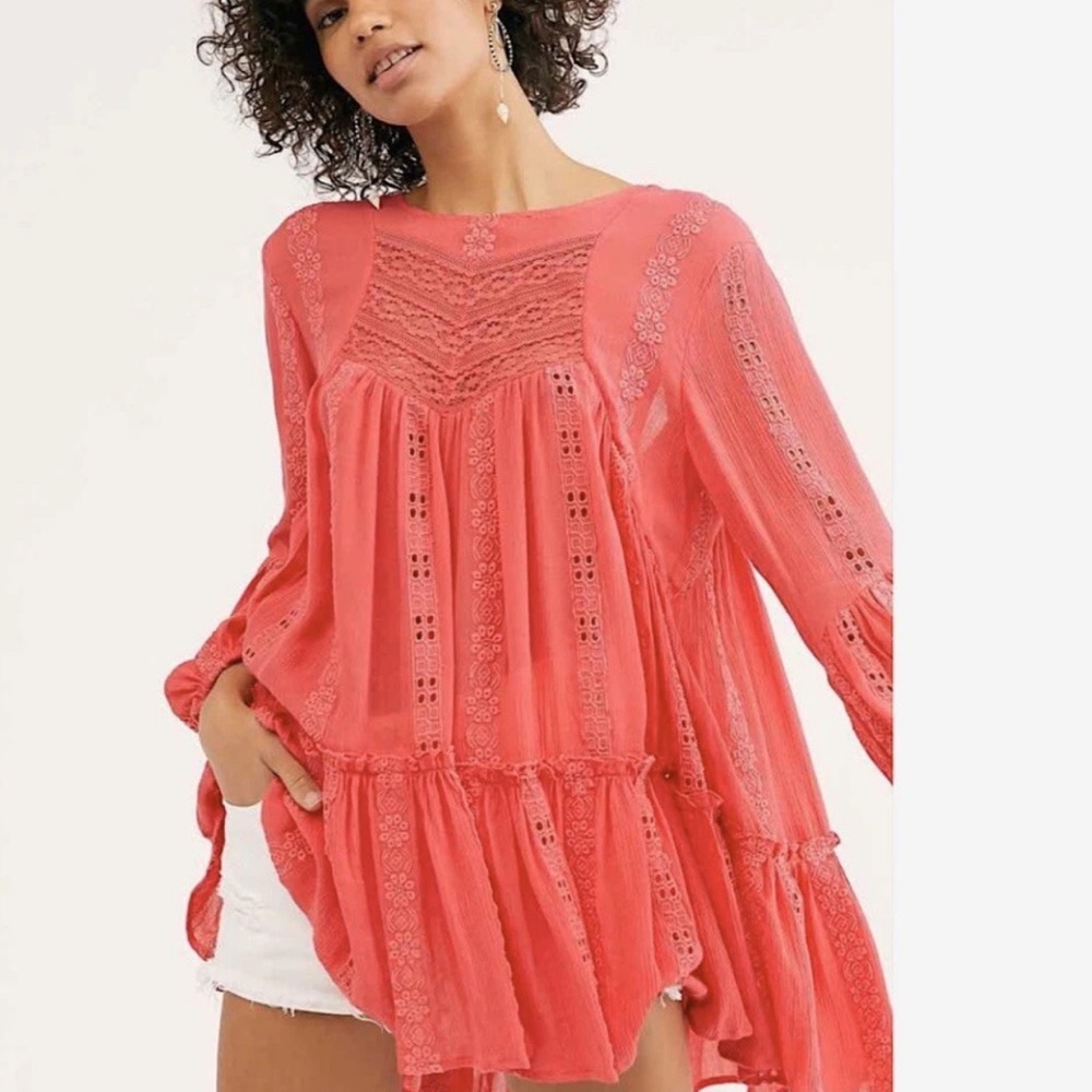 Free People Kiss Kiss Embroidered Tunic Top Size SP In Sweetest Dream Pink
